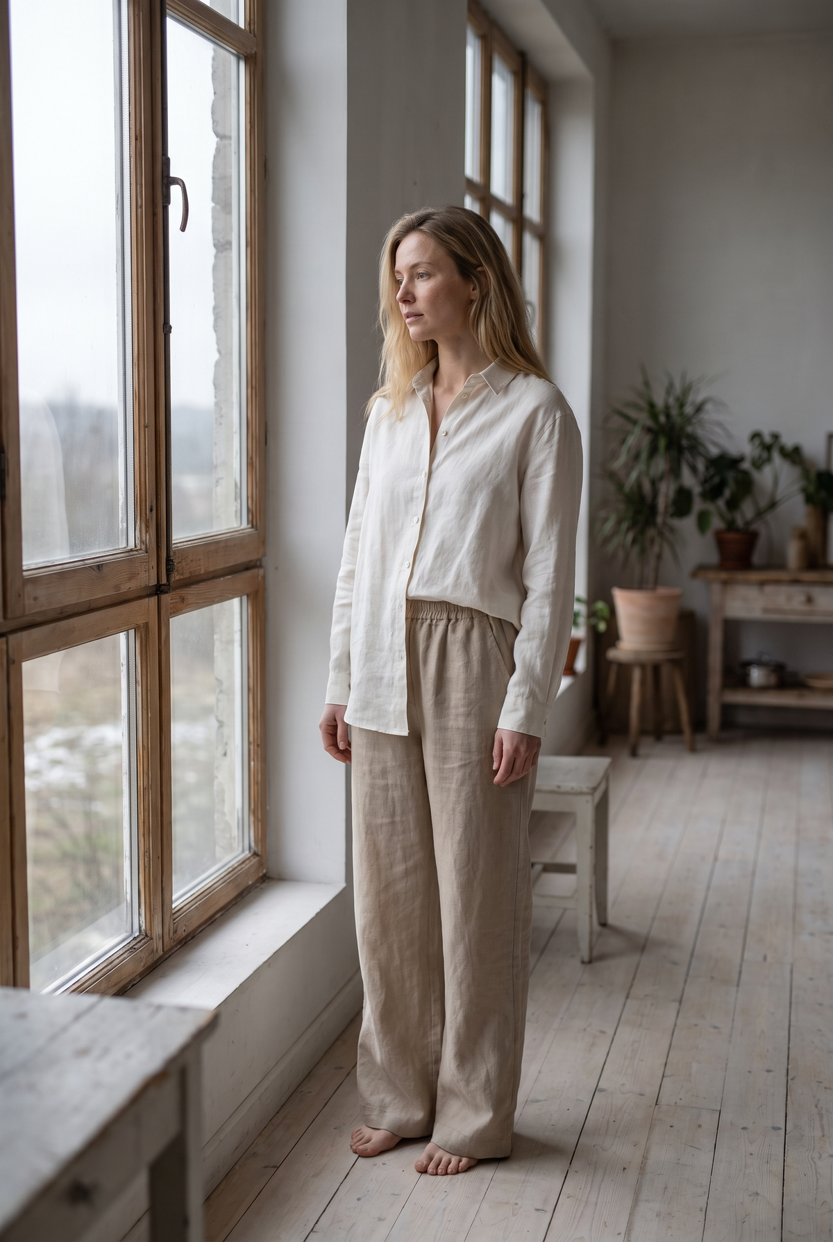 Kvinna i ljus linneskjorta och beige linnebyxor står vid ett fönster i mjukt dagsljus