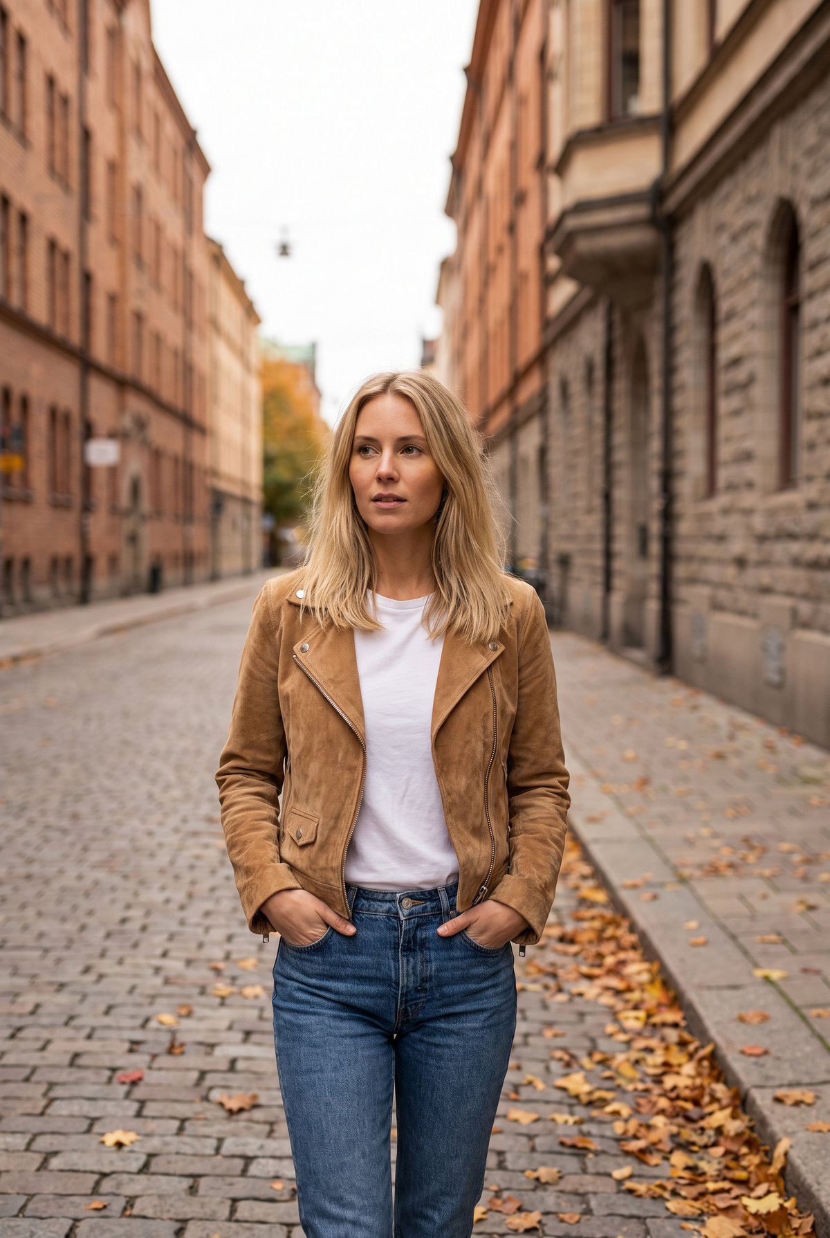 Kvinna i beige mockajacka på en höstgata med nedfallna löv