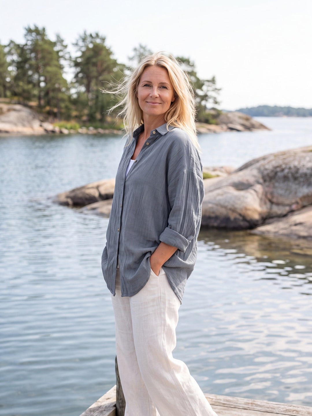 Emma gråblå långärmad linneskjorta med strukturerad design – lissendra.com