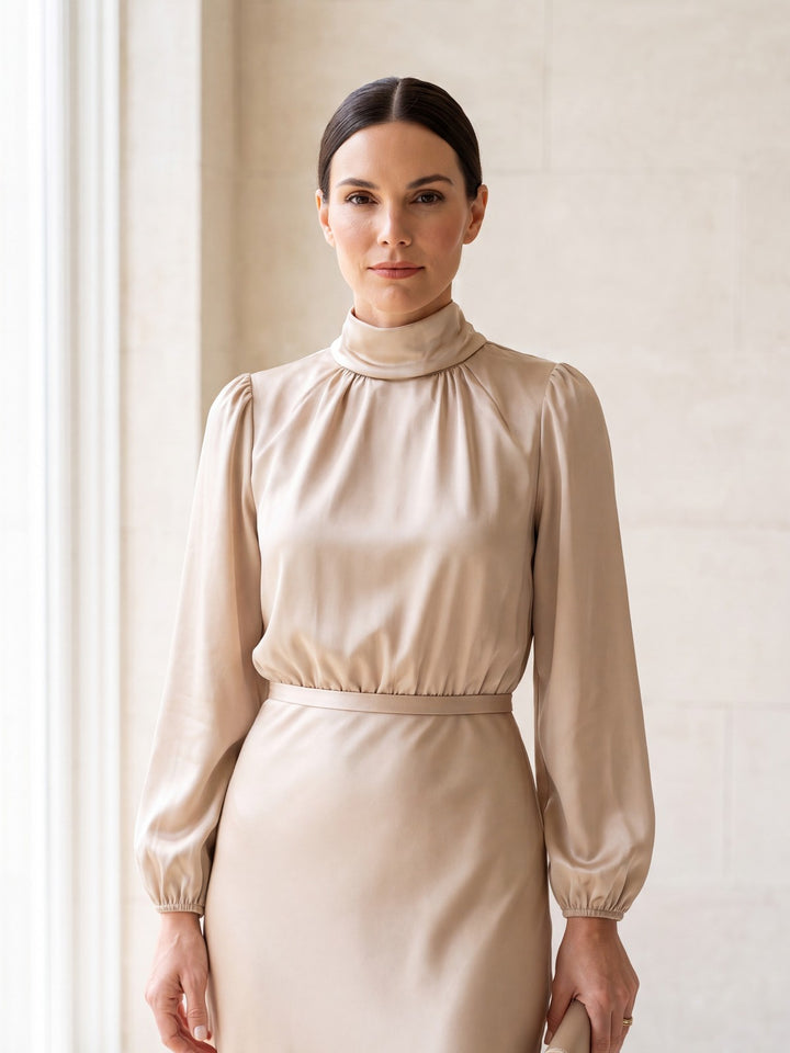 Elegant midiklänning i champagnefärgad satin med hög hals och blusärm – lissendra.com