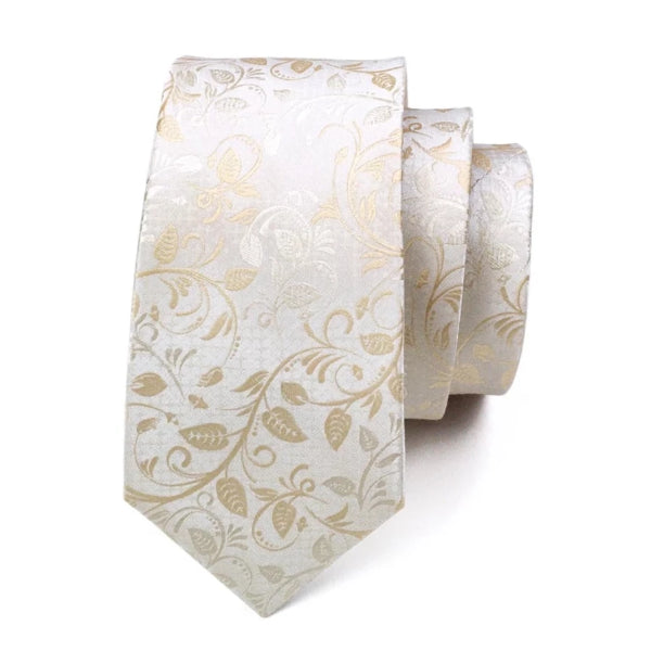 Elegant Blommig Slips i Vitguld med Matchande Fickruta &amp; Manschettknappar | Perfekt för Formella Tillfällen 1