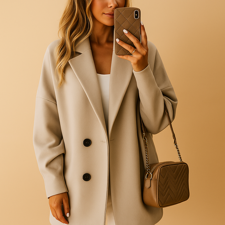 Elegant Beige Lång Kappa Dam med Knappstängning | Tidlös Design för Vinterkomfort 0