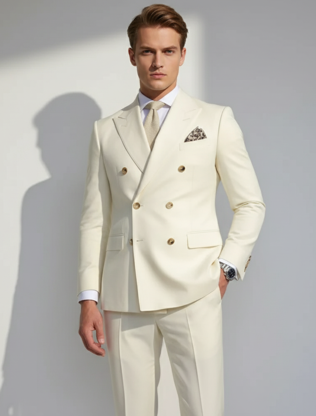 Elegant Vit Kostym Herr med Gulddetaljer | Formell Design för Alla Tillfällen 0