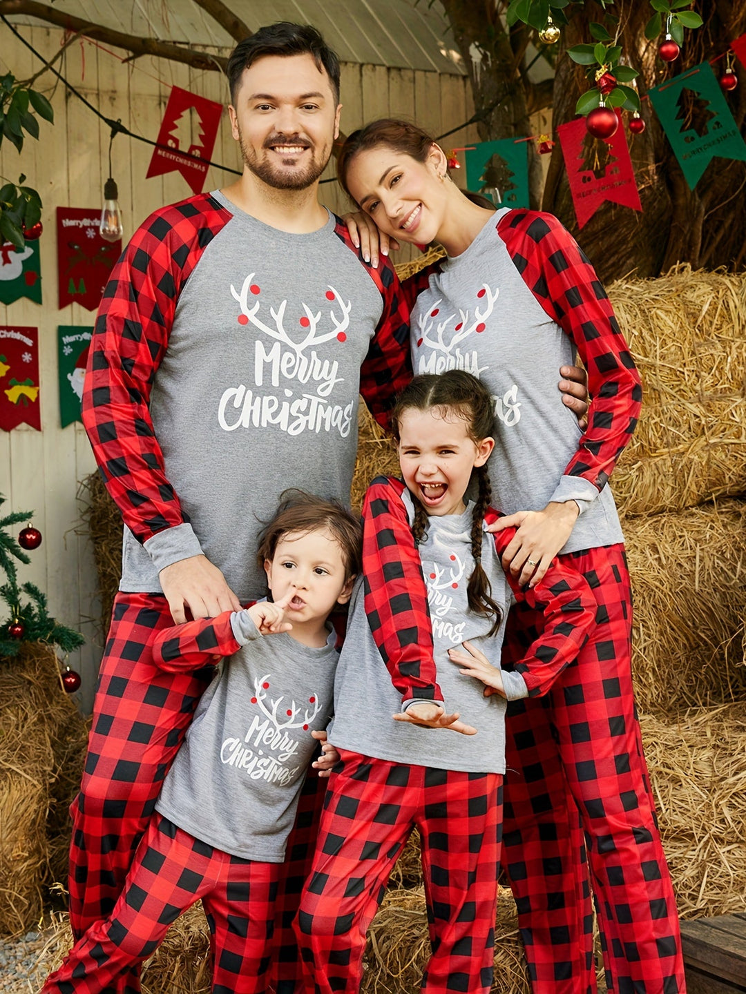 Familjepyjamas | Långärmad Julpyjamas med Rutigt Mönster & Mjuk Jersey för Mysiga Julmorgnar 0