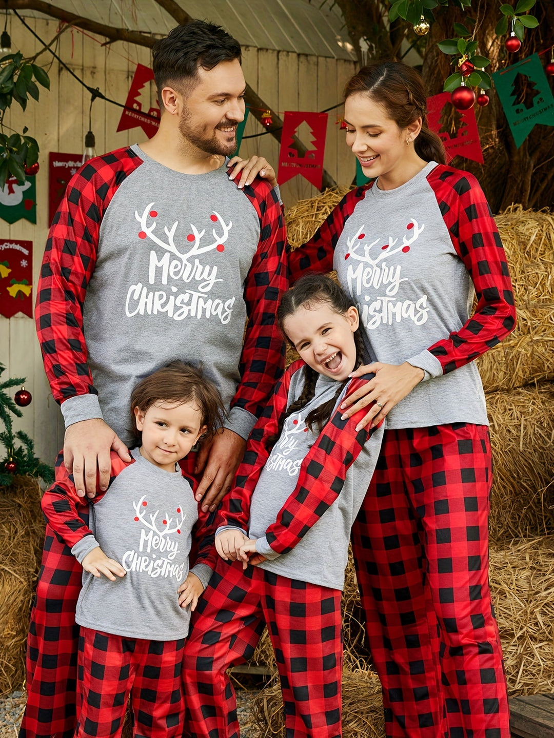 Familjepyjamas | Långärmad Julpyjamas med Rutigt Mönster &amp; Mjuk Jersey för Mysiga Julmorgnar 1