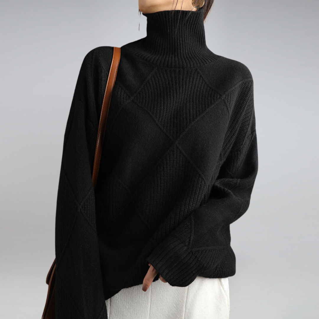 Geometrisk Stickad Polotröja Dam med Hög Halsringning | Elegant Design för Höst och Vinter 4