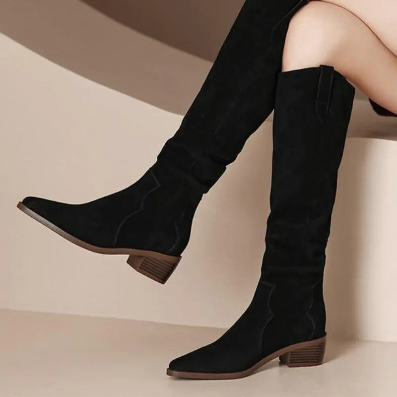 Kvinnors Knähöga Cowboystövlar med Volangdesign | Tidlös Boho-Stil för Mångsidiga Outfits 1