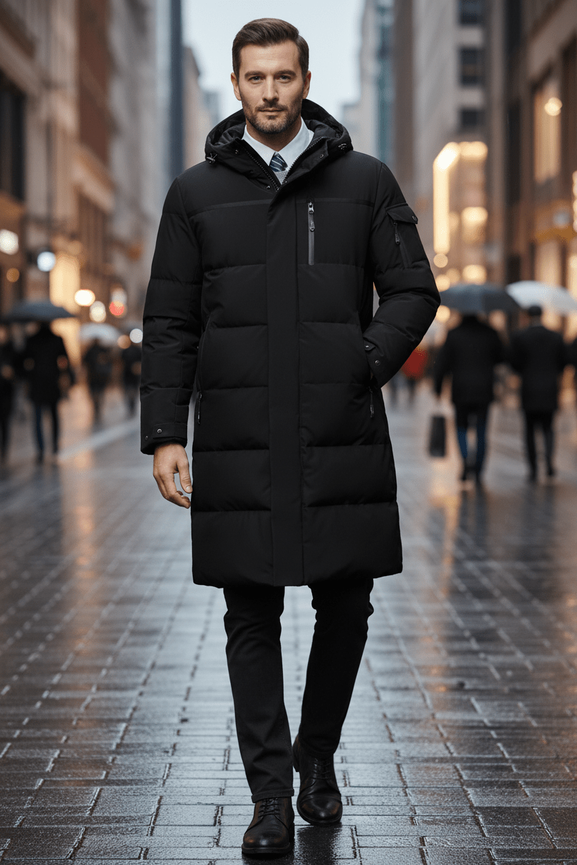 Lång Jacka Herr | Isolerad Vattentålig Design med Huva | Elegant Silhuett för Kallt Väder 5