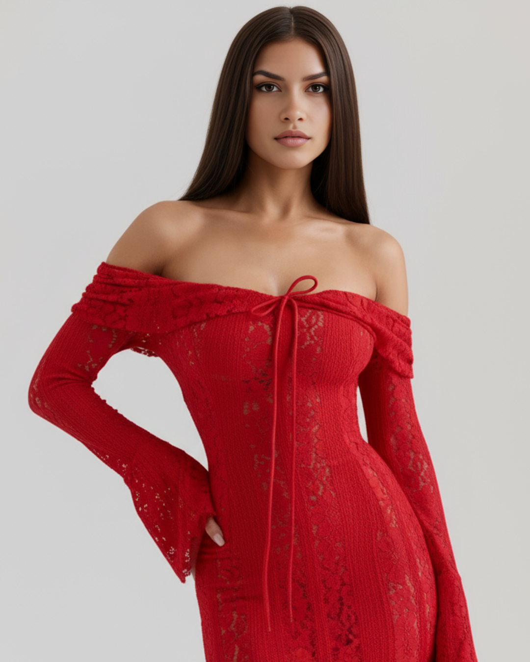 Sofia | Röd Off-Shoulder Maxiklänning med Blommig Spets 2