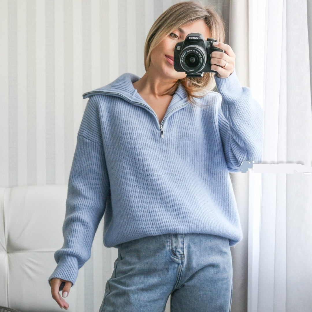 Sophie | Elegant Vit Stickad Tröja med Dragkedjekrage 4