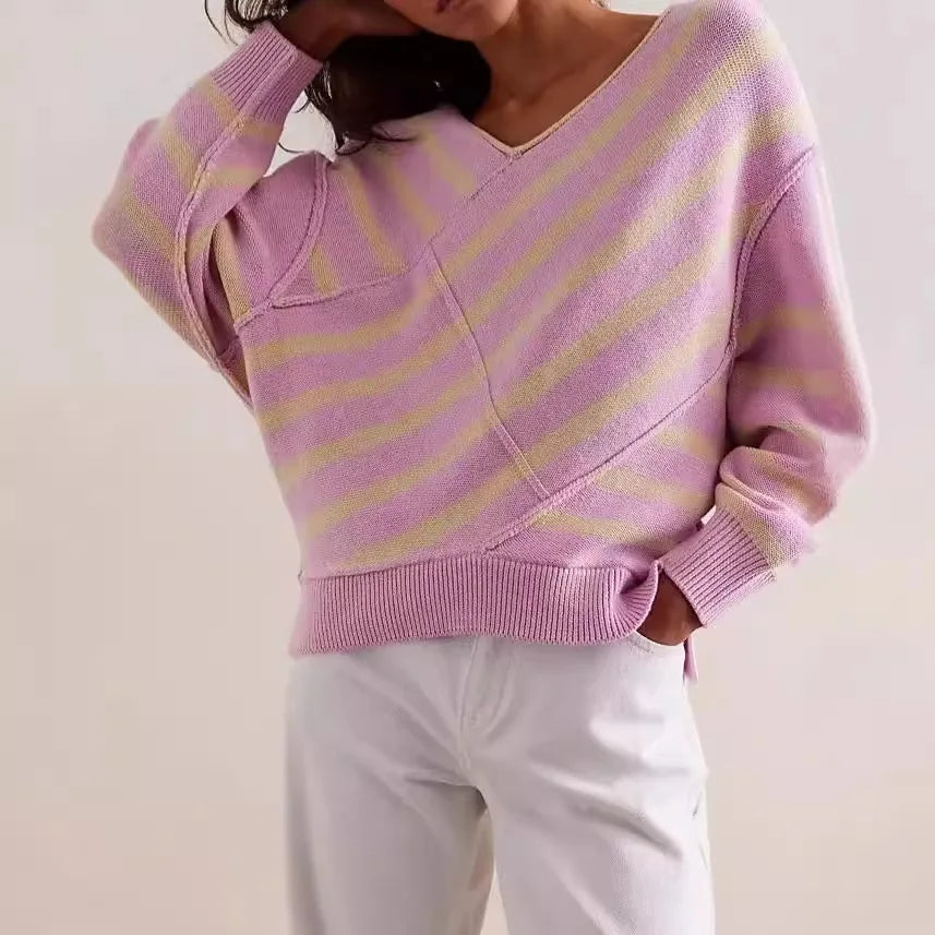 Sophie | Slouchy Stickad Dam Tröja med Diagonala Ränder 4