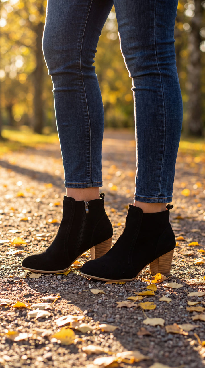 Svarta ankelboots i mocka med blockklack och sidodragkedja på en lövklädd höstpromenad