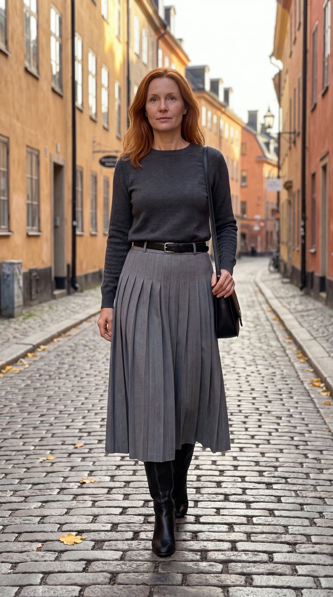 Kvinna i grå plisserad midikjol med smalt svart bälte, mörkgrå stickad tröja och svarta boots på en kullerstensgata