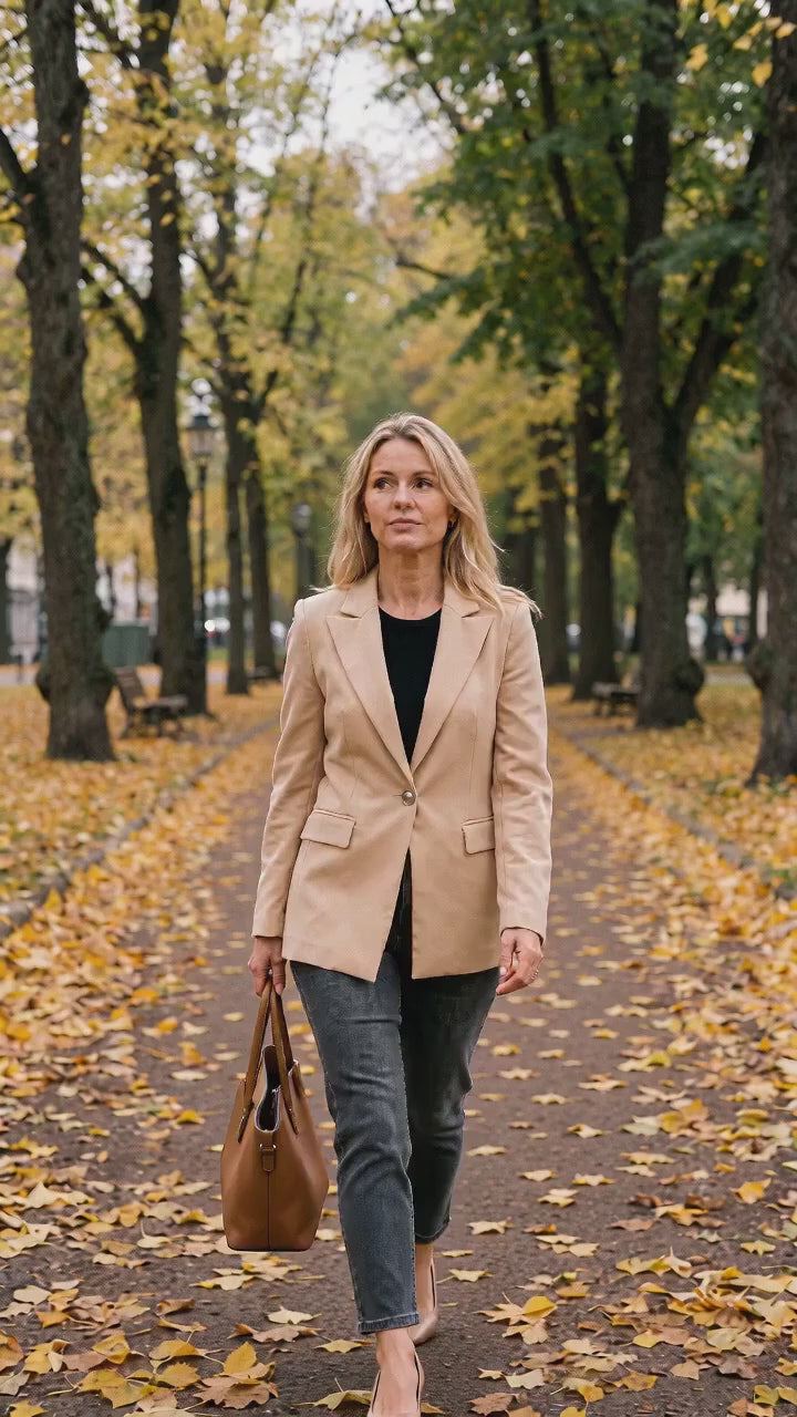 Kort film som visar elegant slim fit höstkavaj med långa ärmar i rörelse — passform, material och detaljer.