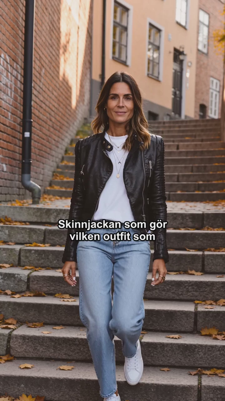 Elegante chaqueta motera para mujer | Cuero negro con hombros acolchados | Diseño versátil para estilo y comodidad